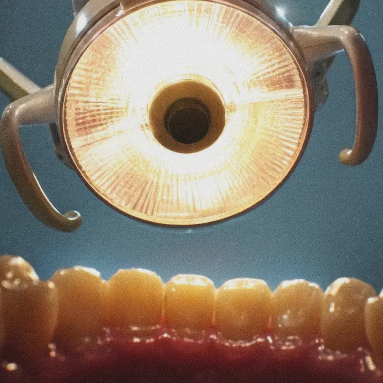 A dentist’s overhead lamp above an open mouth